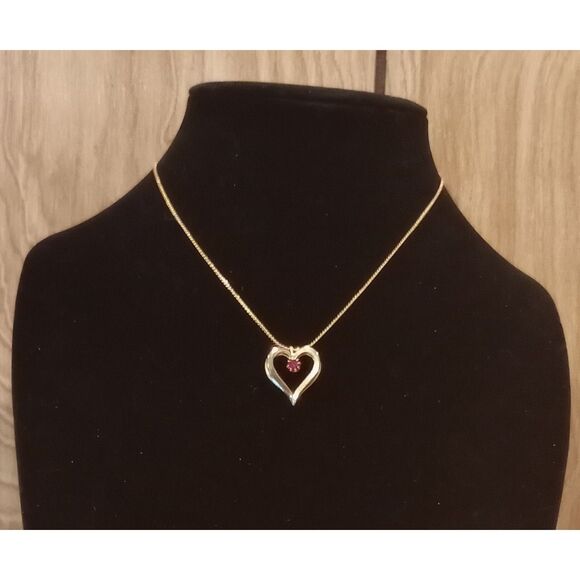 Vintage Prong Set Red Rhinestone Gold Tone Heart 16" Pendant Necklace - Picture 1 of 6